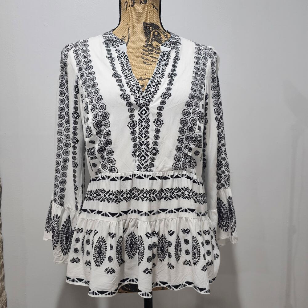 Hale Bob Blouse Paisley Print V Neck Ruffle Hem Bell Sleeve Black White Small